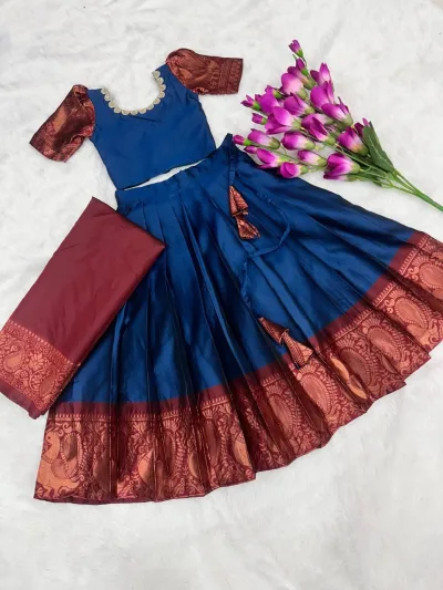 Royal Blue Lichi Silk Kids Lehenga